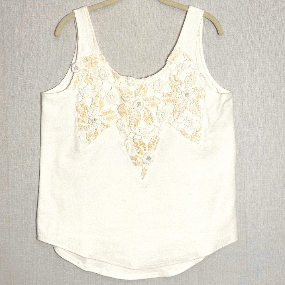 Vintage Cream Crochet Beaded Sequin Flowers Tank Top Medium Whimsy Fairycore